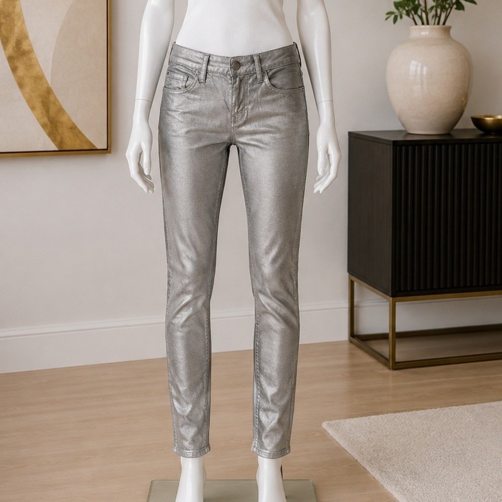 Gap Women Always Skinny Jeans Metallic Silver Gray Coated Denim 26